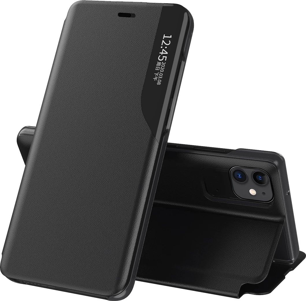 Mbështjellës Hurtel Eco Leather View Case për iPhone 13 Pro Max, me qëndrim, e zezë