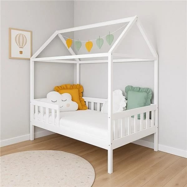 krevat fëmijësh shtëpizë, New Baby CASTELLO, 160x80 cm, gardh mbrojtës dhe dysheme me leta elastike, dru pishe, i bardhë