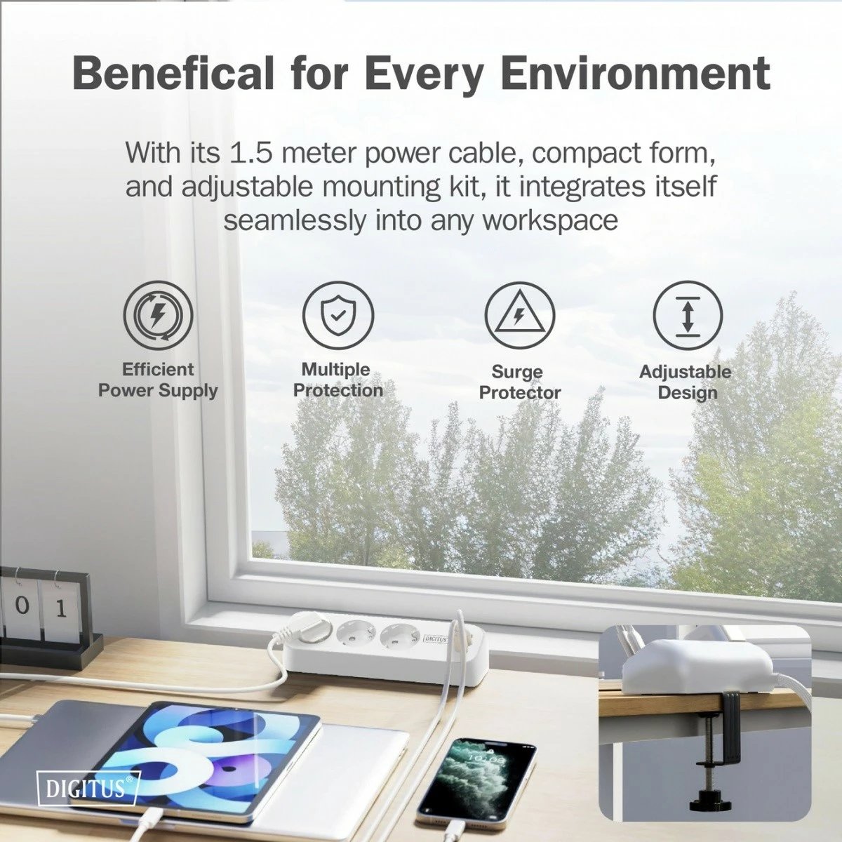 Zgjatues tavoline, Digitus DA-70626, 3 prize Schuko + 2x USB-A 12W + USB-C 30W, kapëse për tavolinë, kabllo 1.5m, e bardhë