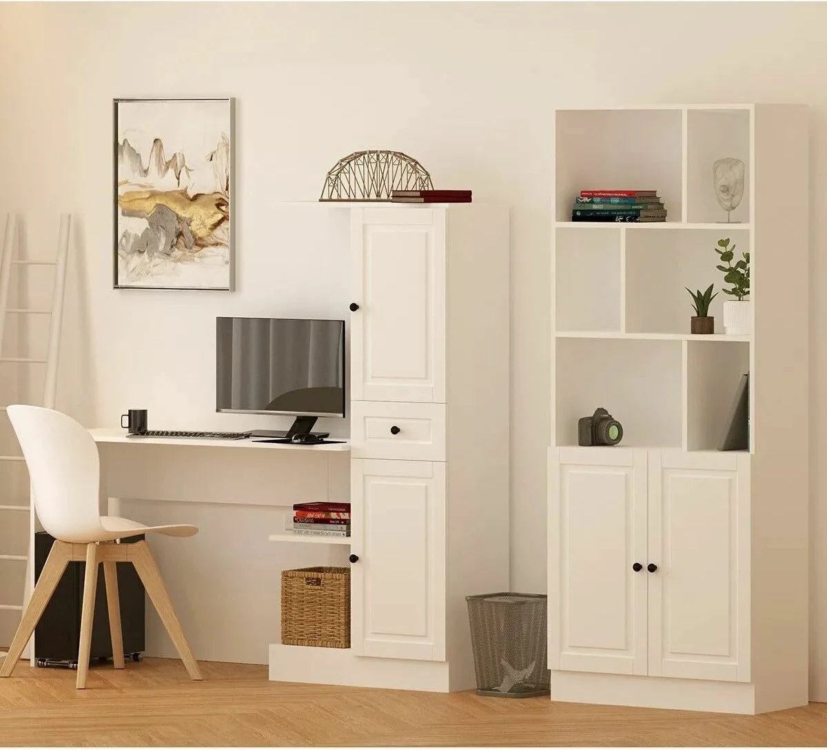 Set tavoline studimi me raft librash, ngjyrë e bardhë mat, Skye Decor, Rb1000401557