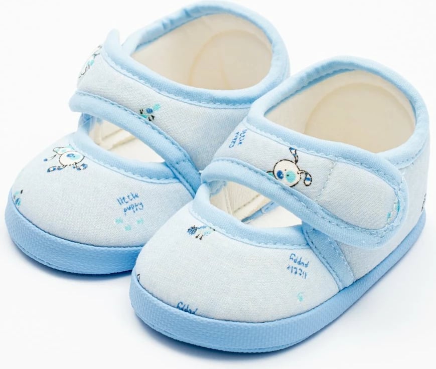 Papuçe bebe, NEW BABY, 0-3 m, pambuk 100%, shollë PVC pa BPA 10 cm, mbyllje me velcro, blu