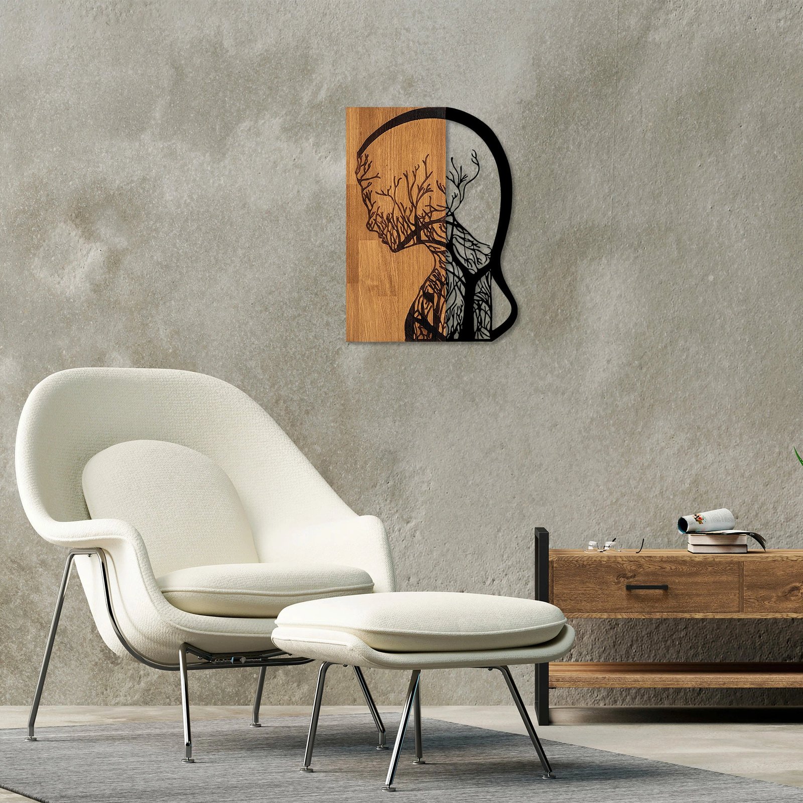 Aksesor dekorativ muri, dru dhe metal, dizajn grua-pemë, ngjyrë arre, 43x58cm