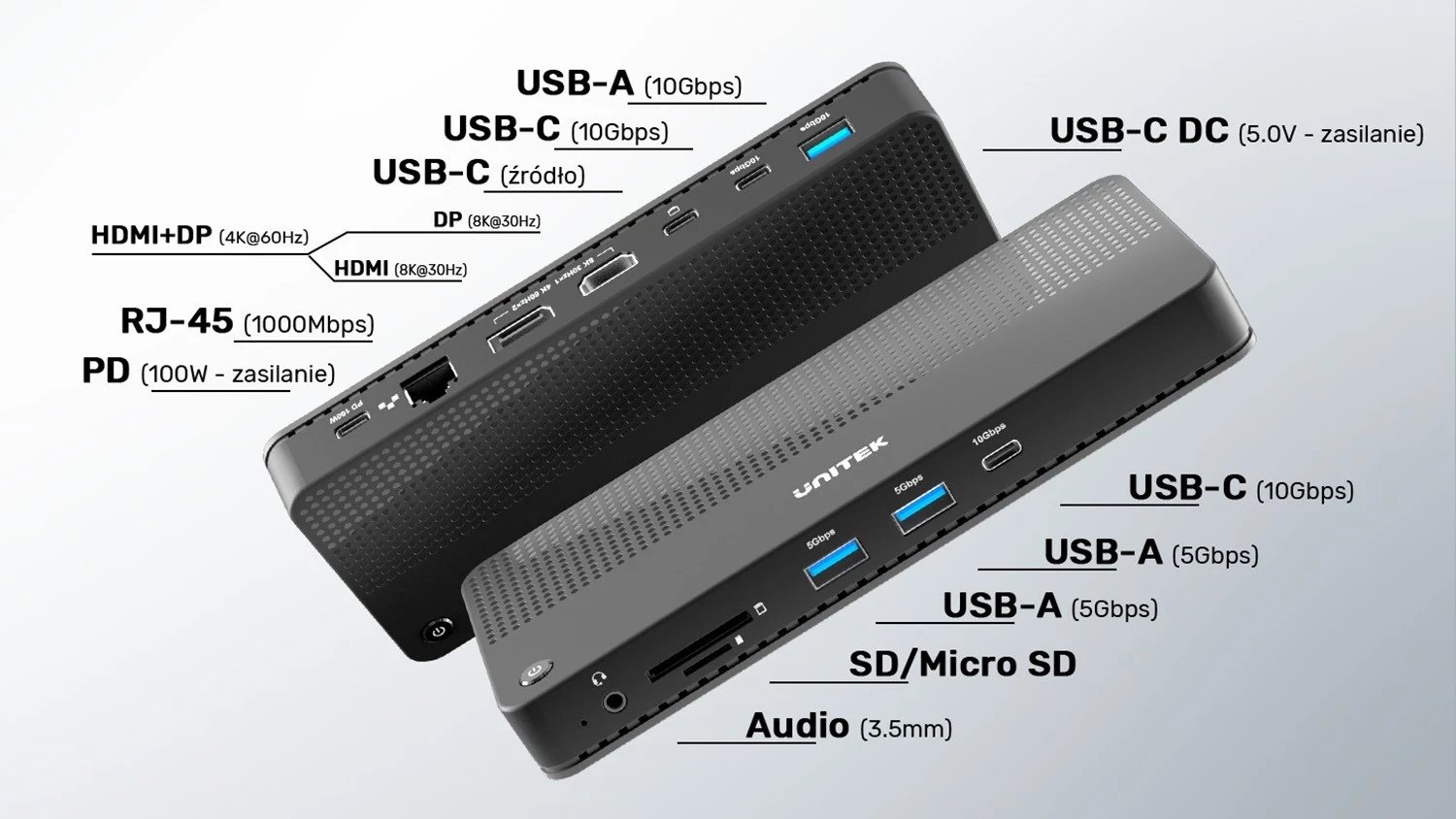 Stacion Dokimi Unitek 12 në 1, HDMI 8K, USB 4, 100 W, ngjyrë e zezë