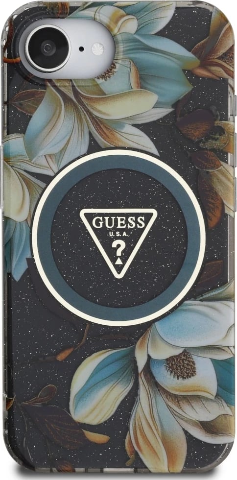Mbështjellës Guess IML Metal Glitter Flowers Triangle MagSafe për iPhone 16e, zi Mbështjellës Guess IML Metal Glitter Flowers Triangle MagSafe për iPhone 16e, zi