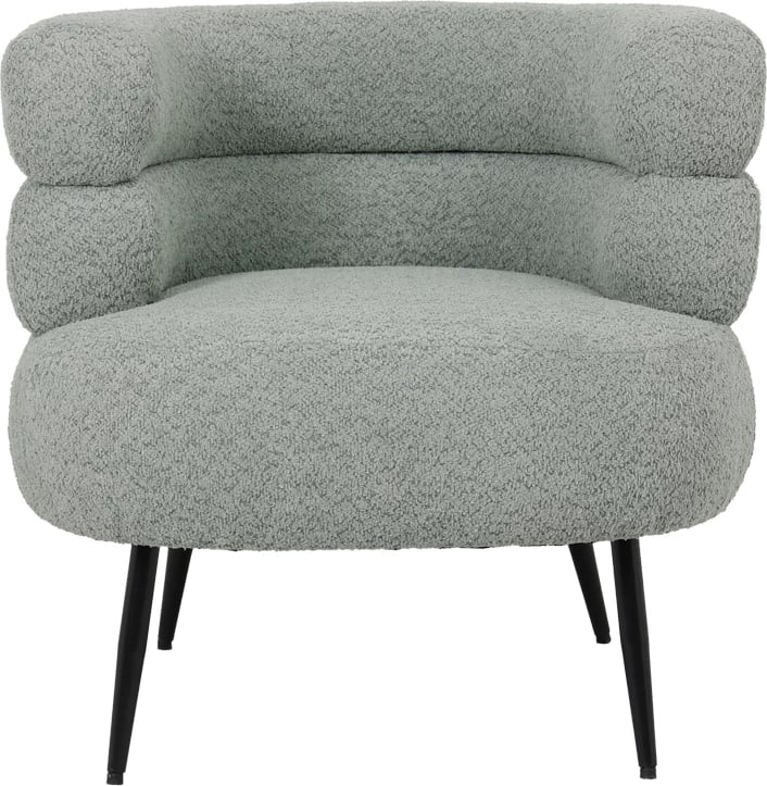 Fotelje me pëlhurë boucle ngjyrë jeshile e lehtë me këmbë metalike të zeza 76x75x72cm