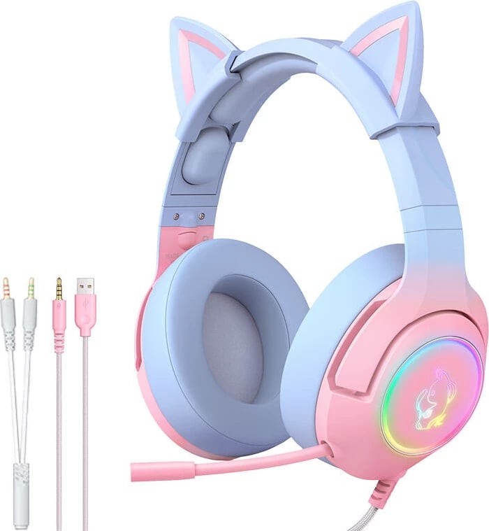 Kufje gaming ONIKUMA K9 me mikrofon, pink-blue, me veshë maceje, RGB