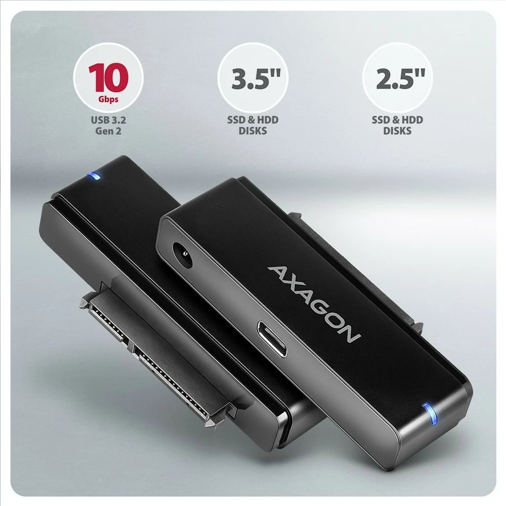 Adapter USB-C në SATA AXAGON ADSA-FPX, 10Gbps, për SSD/HDD 2.5"/3.5", me furnizim rryme, 60cm kabllo, i zi