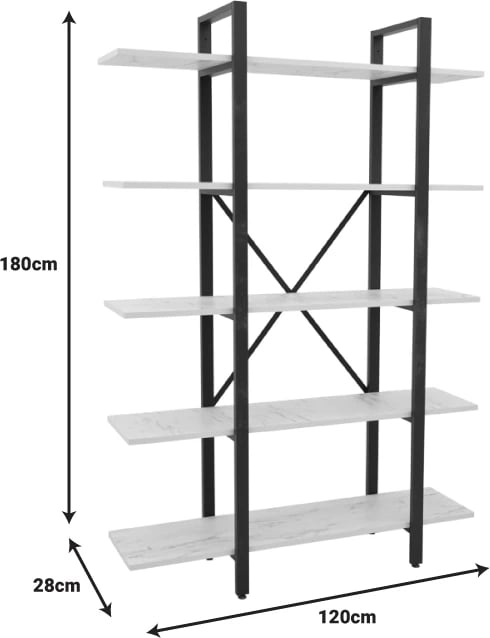 Raft librash Esthon, përfundim mermeri të bardhë, metal i artë, 120x28x180cm