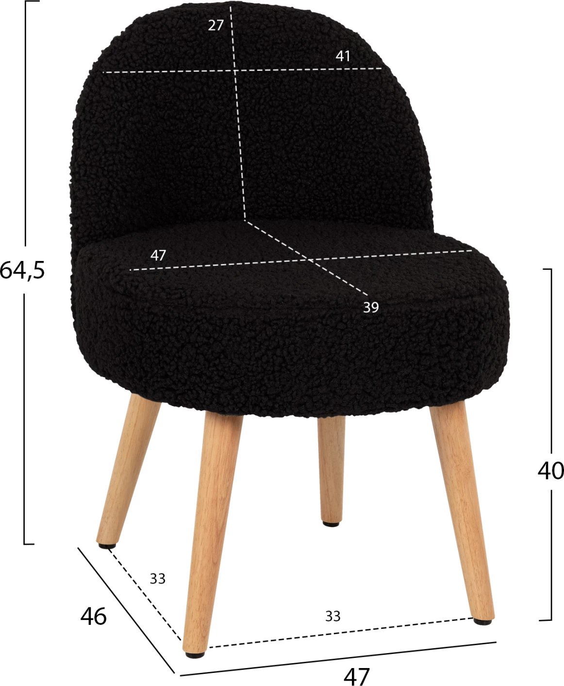 Karrige YASMINE FH8395.24 me mbështetëse të ulët, pëlhurë boucle ngjyrë e zezë, këmbë druri, 47x46x64,5H cm