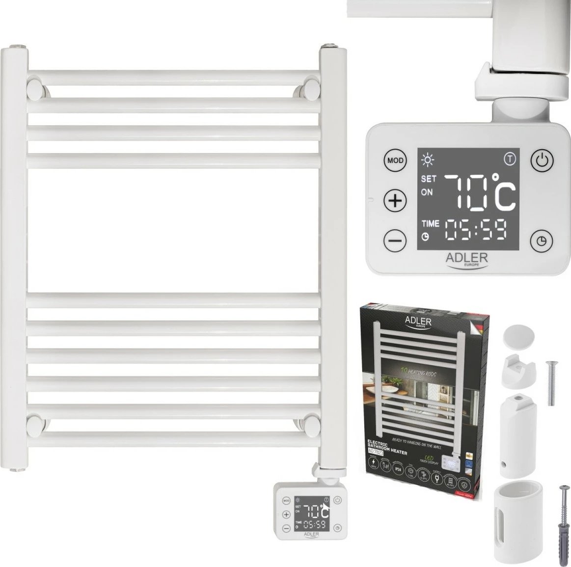 Ngrohës banjo elektrik, Adler AD 7823, 400 W, panel me prekje LED, timer 24h, IP24, i bardhë