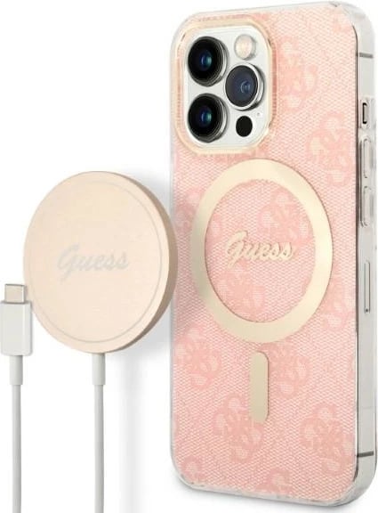 Set mbështjellës Guess GUBPP13LH4EACSP me karikues wireless për iPhone 13 Pro, rozë
