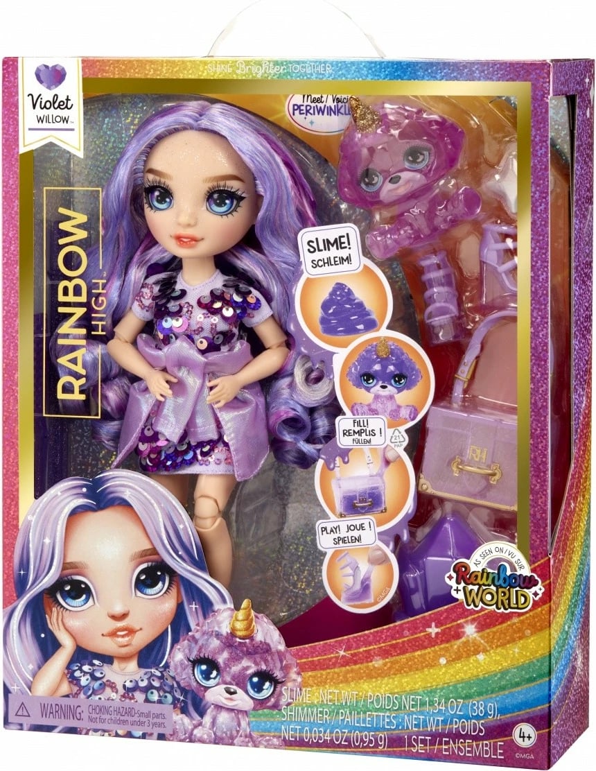 Kukull Rainbow High MGA Violet Willow, set me slime dhe kafshë magjike, vjollcë