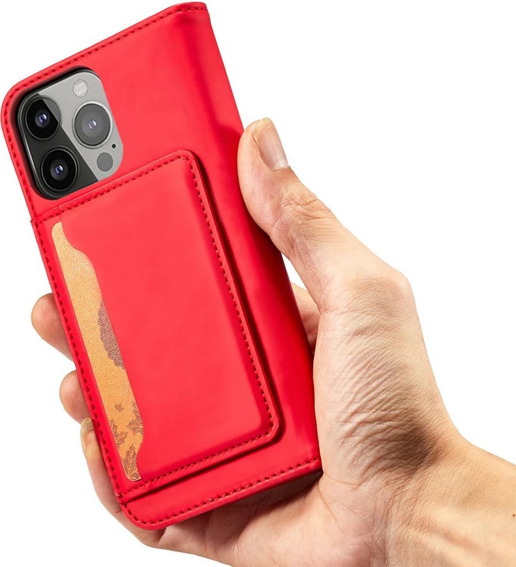 Mbështjellës magnetik Hurtel për iPhone 13 Pro Max, me kapak, xhep për karta, i kuq