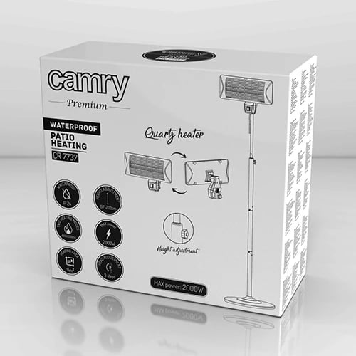 ngrohës terase në këmbë, Adler Camry CR 7737, 1000/2000W, elemente kuarci, IP24, zonë 14 m², lartësi 157–202 cm, gri