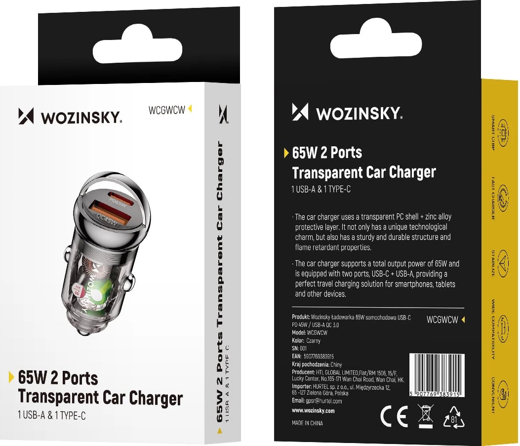 Karikues makine, Wozinsky, WCGWCW, USB-C PD 65W + USB-A QC 3.0 45W, 2 porta, zi