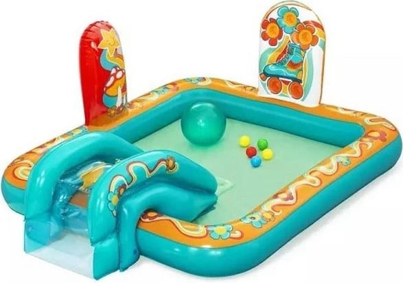 Qendër loje dhe pishinë fryrëse Bestway Retro Groove për fëmijë, 1.93 m x 1.52 m x 74 cm, shumëngjyrëshe