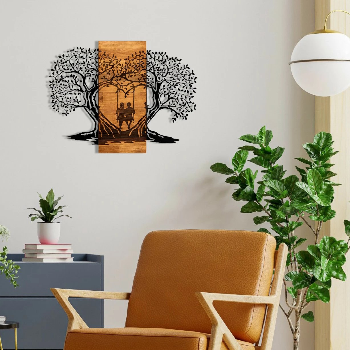 Aksesor dekorativ për mur, dru dhe metal, Wallity Eva, ngjyrë e zezë dhe arre, 76x58cm