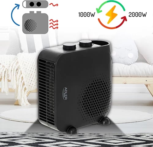 Ngrohës me ventilator, Adler AD 7725, 2000W, 2 nivele, termostat, pozicion vertikal/horizontal, e zezë