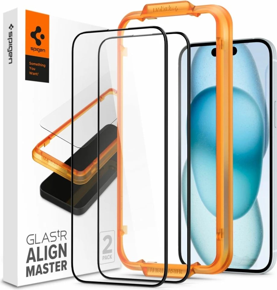 Xham mbrojtës Spigen Glass tR AlignMaster për iPhone 15, 2 copë, i zi
