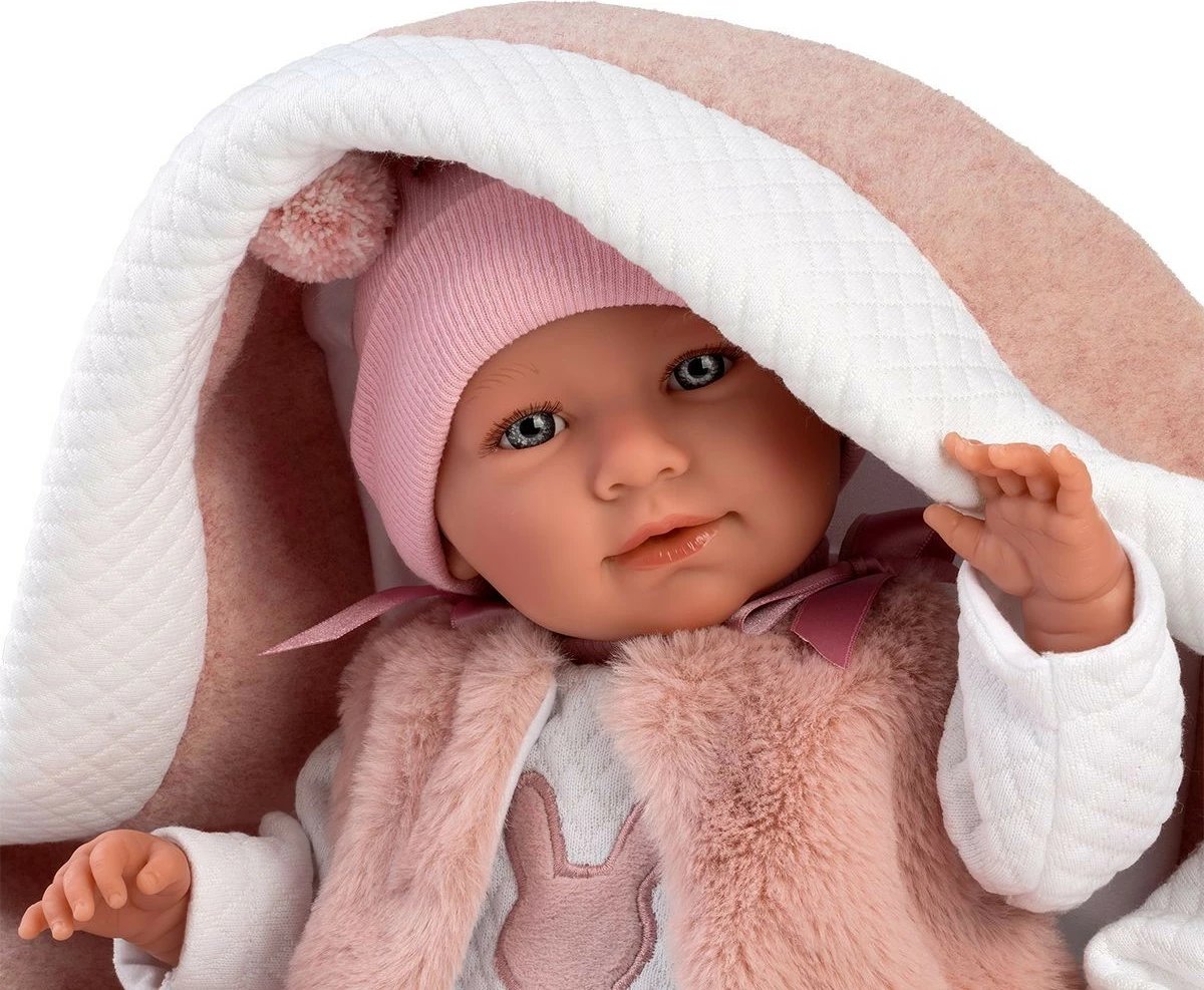 Kukull Llorens Baby Mimi 42 cm 74012, qaj kur shtypet barku, set me gondolë dhe biberon, rozë