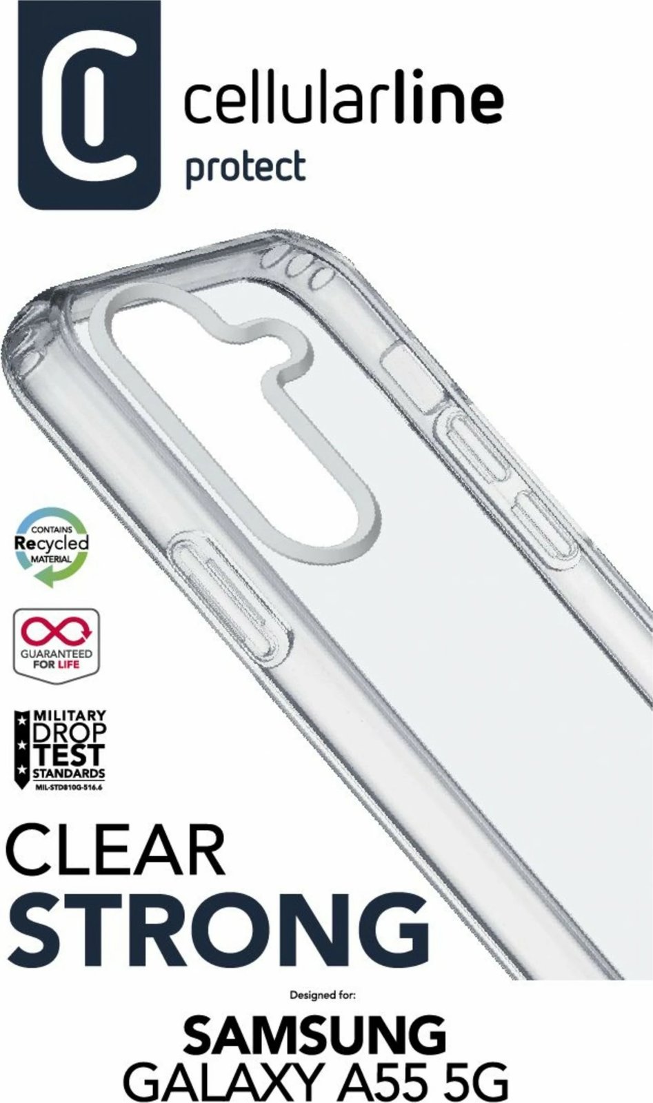 Mbështjellës Cellular Line Clear Strong për Samsung Galaxy A55 5G, transparent