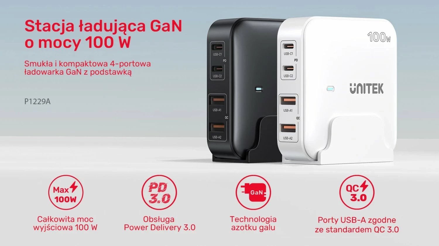 Karikues tavoline Unitek GaN 100W 2xUSB-A 2xUSB-C, bardhë Karikues tavoline Unitek GaN 100W 2xUSB-A 2xUSB-C, bardhë