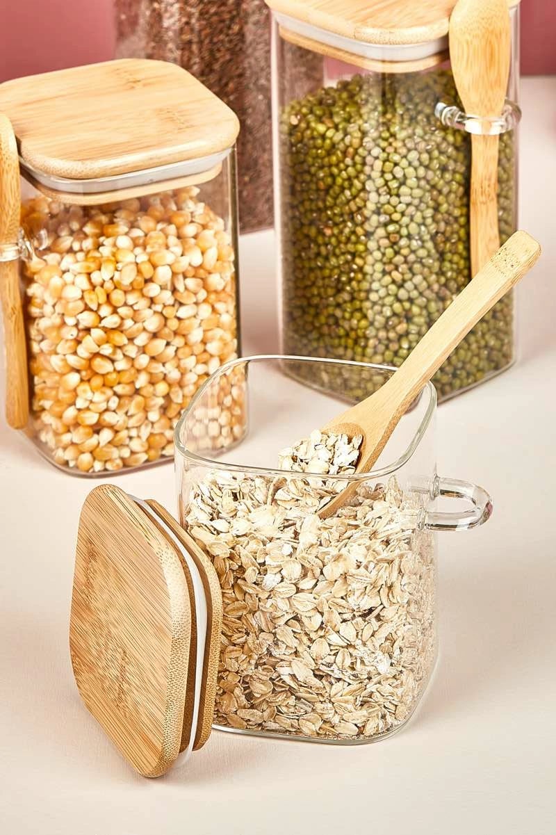 Set kavanozash prej qelqi (12 copë), kapak bambuje, Hermia