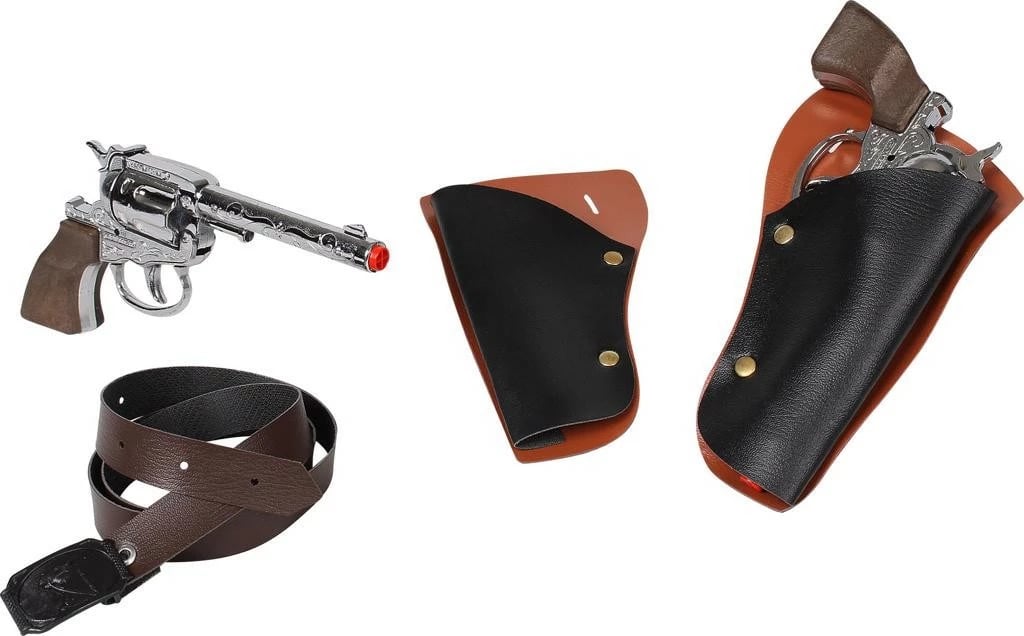 Set cowboy me 2 revolverë lodër Pulio Gonher me rrip, për djem, Ngjyrë e zezë/kafe/argjend