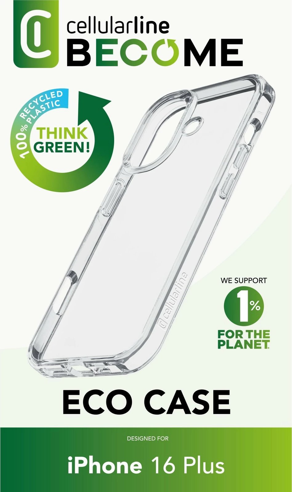Mbështjellës Cellular Line Become Eco Case për iPhone 16 Plus, transparent