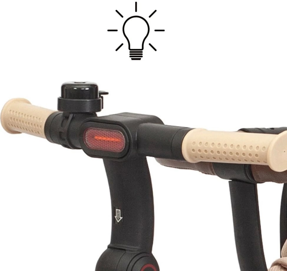 Tricikletë fëmijësh me dritë Milly Mally Twinkle, sedile rrotulluese 180°, timon prindëror i rregullueshëm, rrota shkumë, kapacitet 25 kg, me çati dhe kosha, bezhë