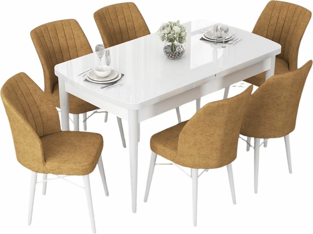 Set tavoline me karrige për ngrënie, zgjatës, Skye Decor, e bardhë, kapuçino, 7 copë