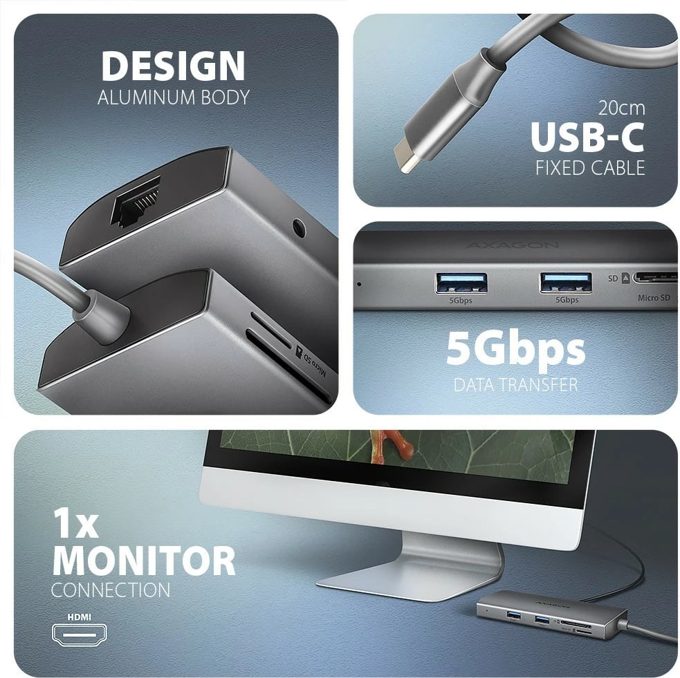 Hub multiport AXAGON HMC-8HLSA, 9-në-1, USB-C, HDMI 4K, 3x USB-A, SD/microSD, GLAN, Audio, PD 100W, 20cm, Gri