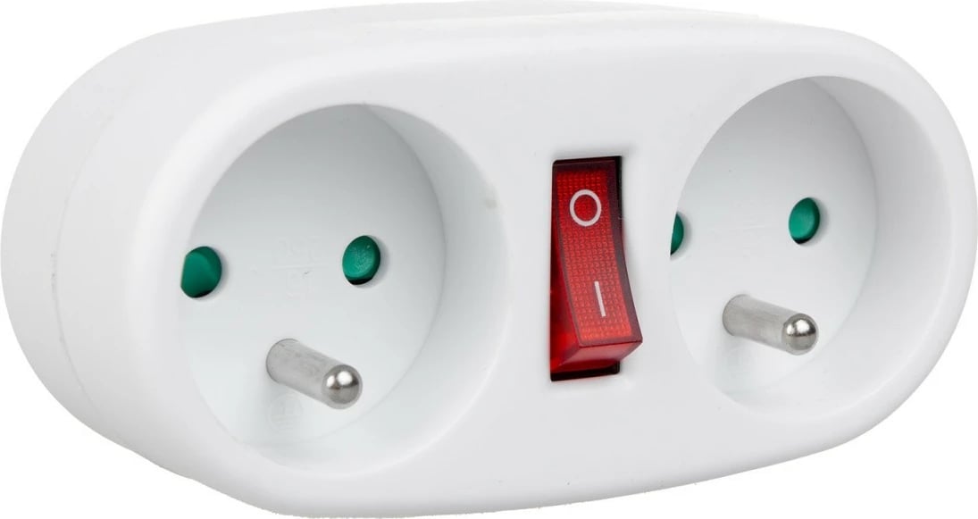 Prizë dyfishe me ndërprerës Maclean MCE337E, 2 dalje, prizë tip C/E, e bardhë