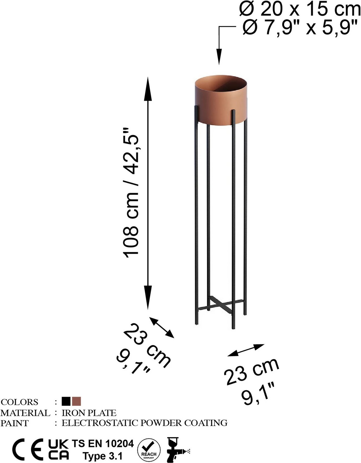 Vazo dekorative, ngjyrë e zezë dhe bakri, GED-024-B, 108x23cm