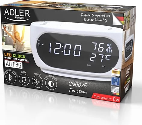 orë alarmi LED Adler AD 1186, temperaturë dhe lagështi, datë, rregullim ndriçimi, e bardhë orë alarmi LED Adler AD 1186, temperaturë dhe lagështi, datë, rregullim ndriçimi, e bardhë