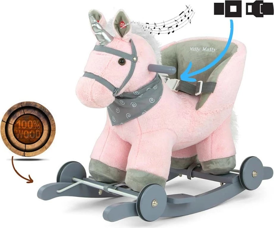 Kalë lëkundës 2‑në‑1, Milly Mally Polly, karrige me rrip sigurie, tinguj, deri 30 kg, 12–36 muaj, rozë