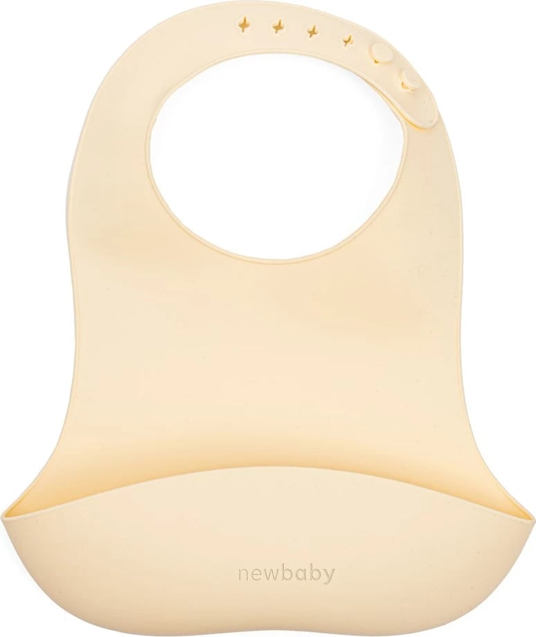 Baveta silikoni, New Baby Trendy, 28×22 cm, BPA-free, me xhep, e rregullueshme, bezhë