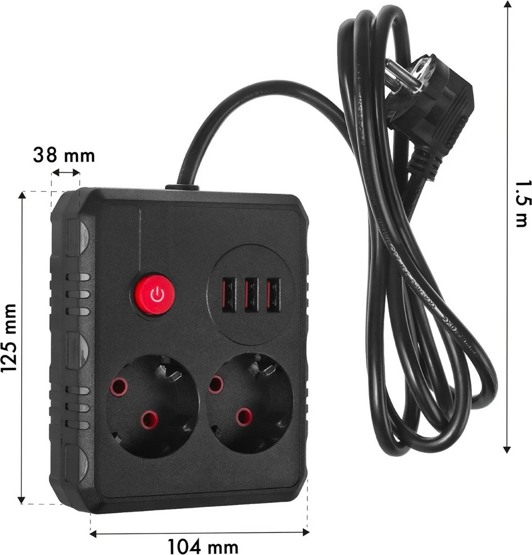 Prizë zgjatëse Maclean MCE387 B, 2 Schuko + 3 USB, 2500W, kabllo 1.5 m, me ndërprerës, e zezë