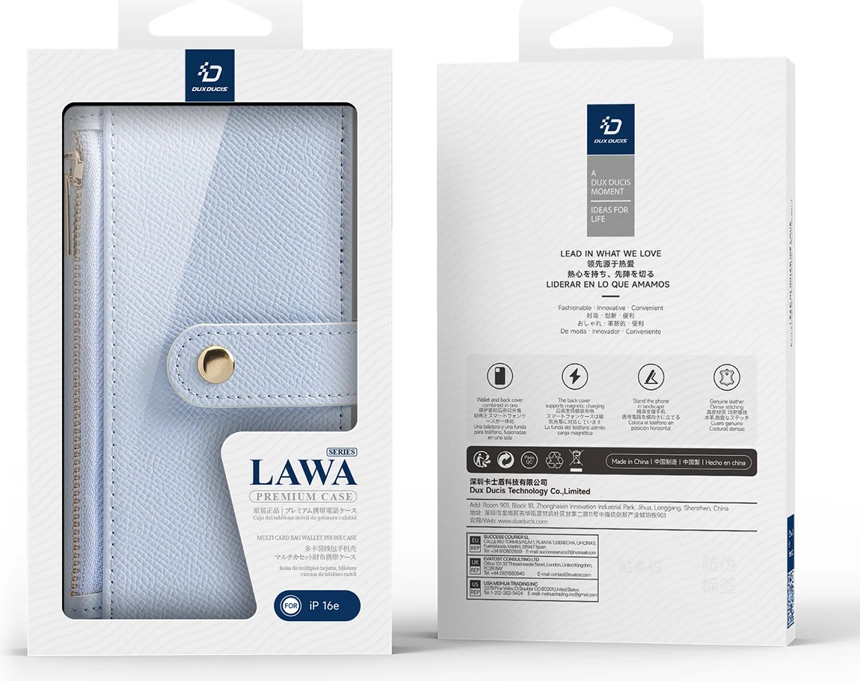 Mbështjellës Dux Ducis Lawa për iPhone 16e, lëkurë, me portofol magnetik, Blu