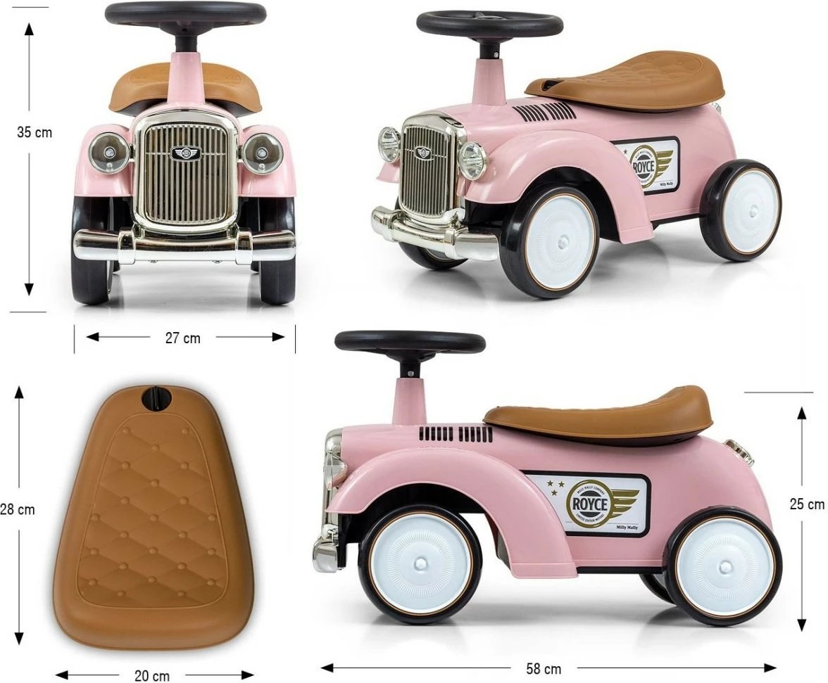 makinë ride-on fëmijë, Milly Mally Royce 5474, rrota EVA, timon me borinë, ngarkesë 25 kg, rozë