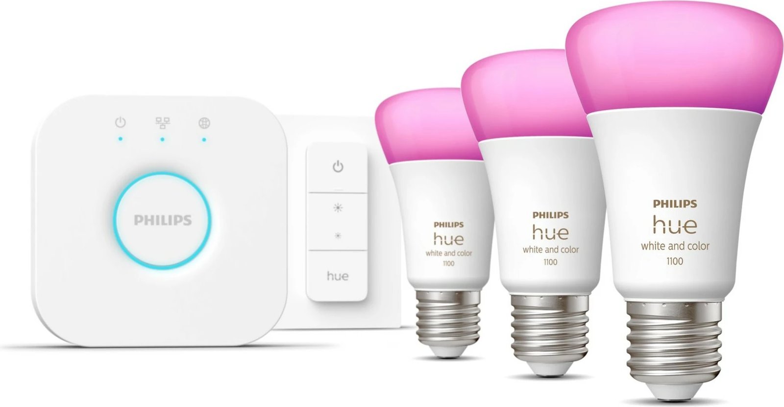 Kit ndriçimi i mençur Philips Hue, 3 llampa E27, dimmer switch, Bluetooth/Zigbee, Bardhë Kit ndriçimi i mençur Philips Hue, 3 llampa E27, dimmer switch, Bluetooth/Zigbee, Bardhë