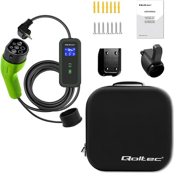Karikues portativ për makina elektrike Qoltec 52476, 3.5kW, 230V, Type 2, WiFi, LCD, 5m, zi/gjelbër Karikues portativ për makina elektrike Qoltec 52476, 3.5kW, 230V, Type 2, WiFi, LCD, 5m, zi/gjelbër