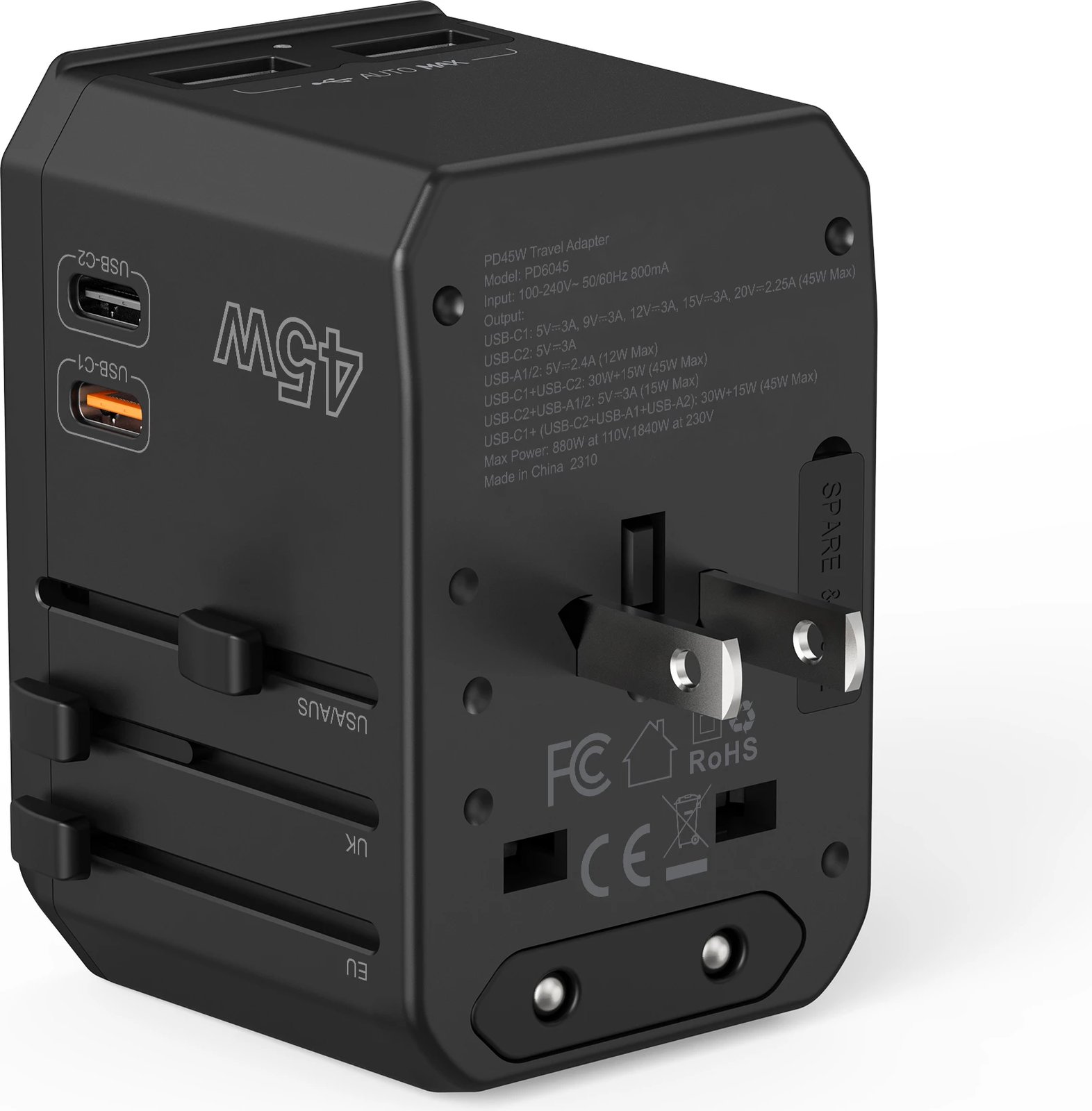 Karikues udhëtimi Choetech PD6045, 45W, 2x USB-C, 2x USB-A, GaN, 4 priza, zi