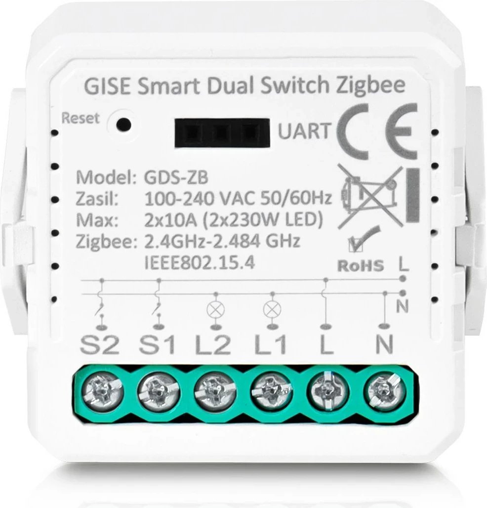 Modul smart relé Zigbee GISE GDS-ZB, 2 kanale, i bardhë