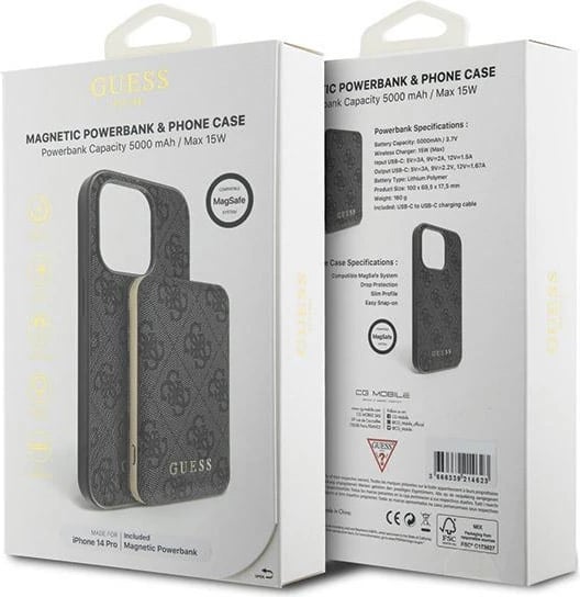 Mbështjellës Guess 4G Metal Logo me powerbank MagSafe 5000mAh për iPhone 14 Pro, Zi, Set