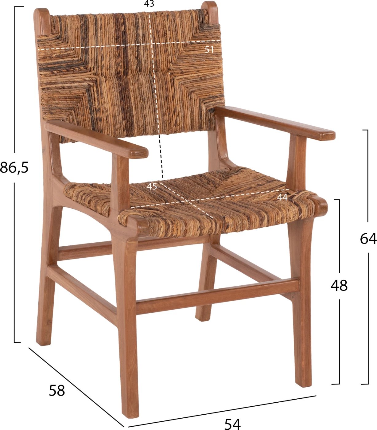 Karrige për ngrënie me krahë, dru tik dhe rush, ngjyrë arre-bezhë, FH9400.01, 54x58x86,5 cm