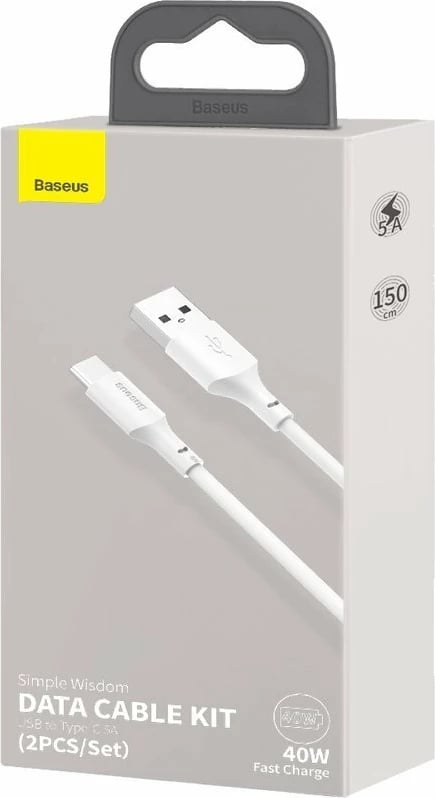Kabllo USB në USB Type-C Baseus TZCATZJ-02, 1.5m, 40W, Set 2 copë, Bardhë