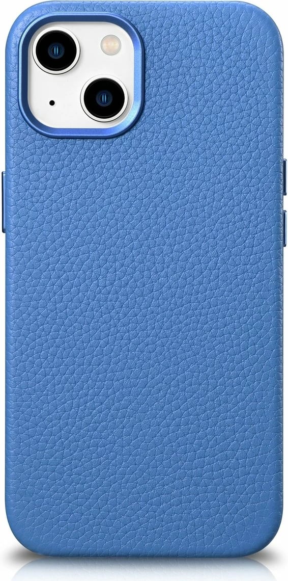 Mbështjellës iCarer Litchi Premium për iPhone 14 Plus, lëkurë natyrale, MagSafe, Kaltër