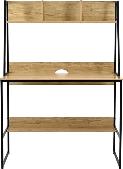 Tavolinë zyre me raft, ngjyrë lisi, këmbë metalike të zeza, Herbey, 100x48x139cm