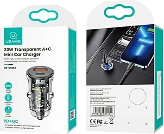 Karikues veture USAMS US-CC164 C32, 30W, 1x USB-A, 1x USB-C, i zi